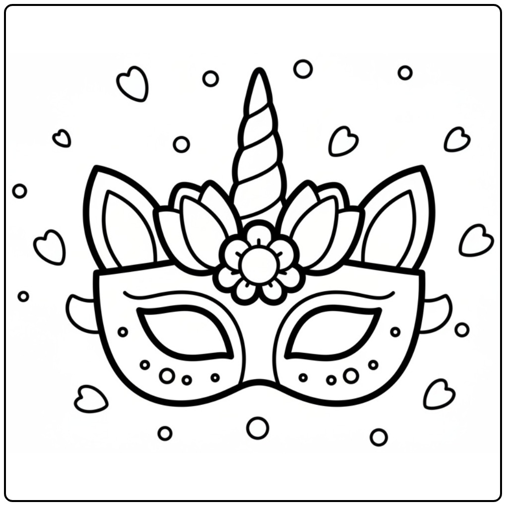 Mascara de unicornio para colorir, pronta para muita criatividade.