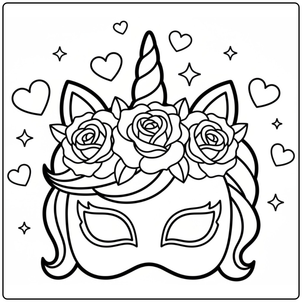 Desenho de mascara de unicornio para colorir com flores e corações.