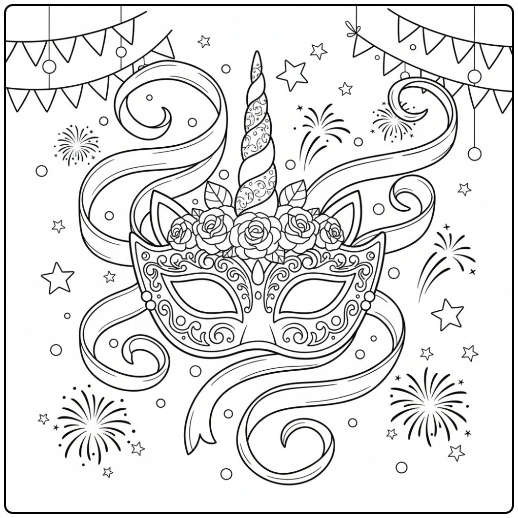 Linda mascara de unicornio para colorir com fitas e flores.