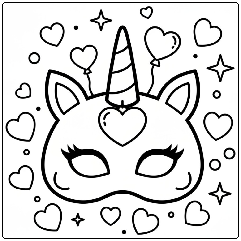 Linda mascara de unicornio para colorir, cheia de corações e estrelas.