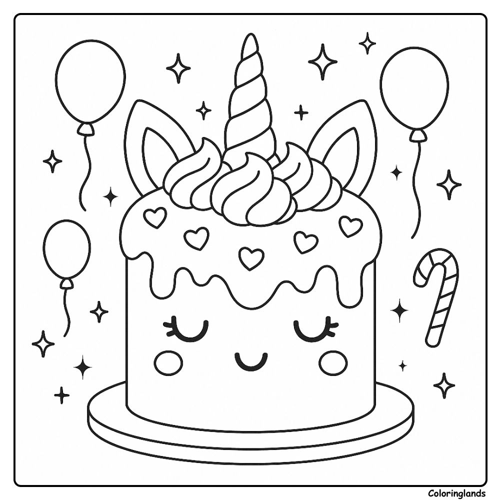 Um adorável bolo de unicórnio para colorir, com balões e estrelas cintilantes.