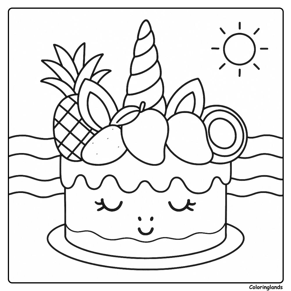 Bolo de unicórnio para colorir com frutas tropicais e verão.
