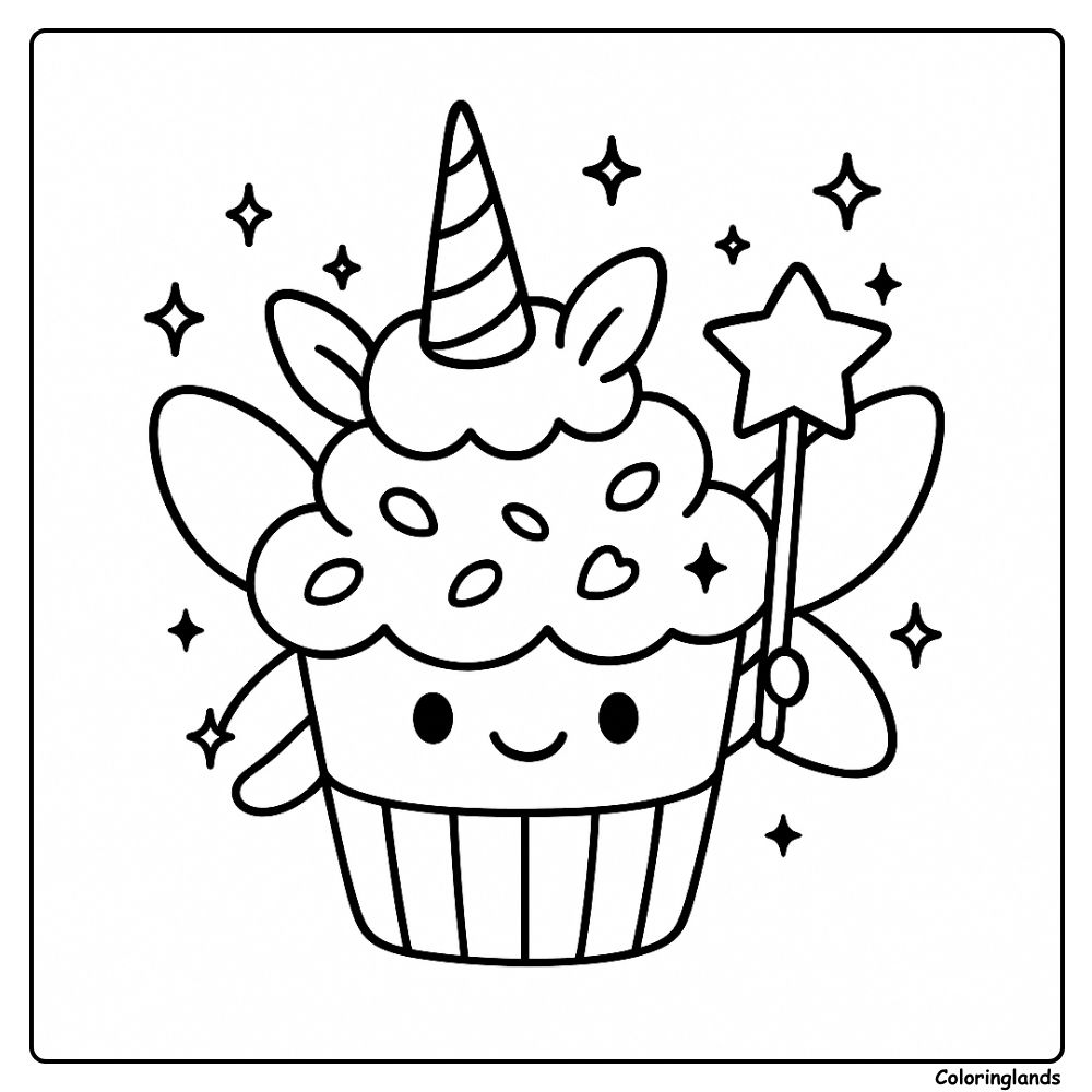 Colora este adorável unicorn cupcake para colorir, cheio de magia.