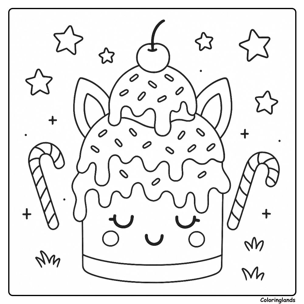 Um bolo de unicórnio para colorir, com cobertura e cereja, pronto para ser pintado.
