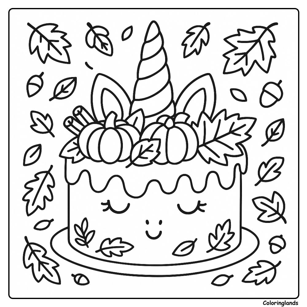 Desenho de bolo de unicórnio para colorir com tema de outono.