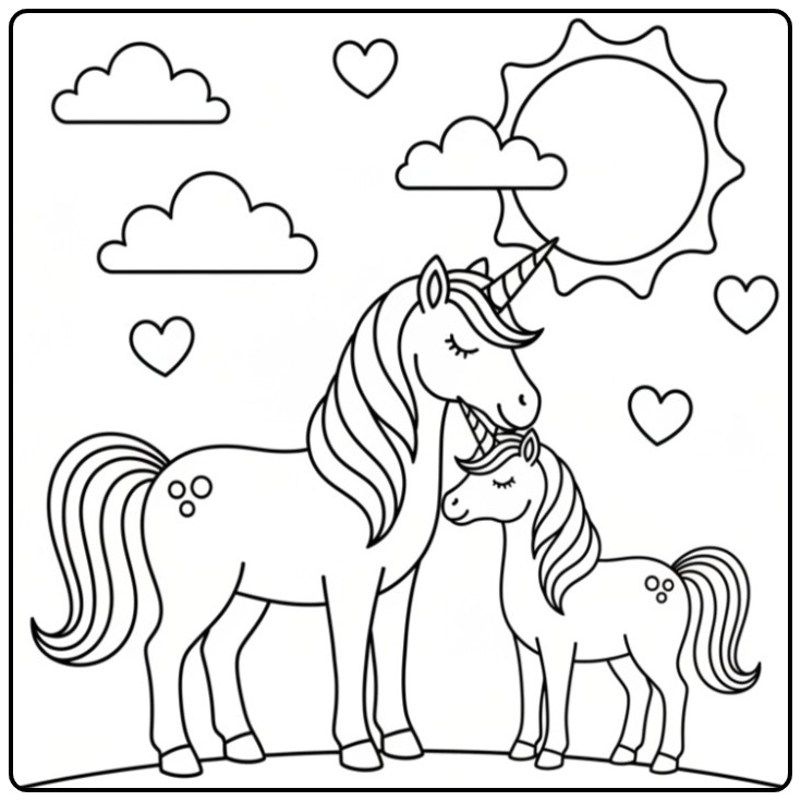 Desenho de familia unicornio para colorir, pura magia!
