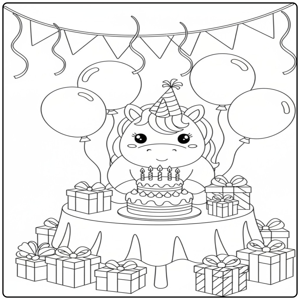 Desenho de unicornio bebe para colorir com bolo e presentes
