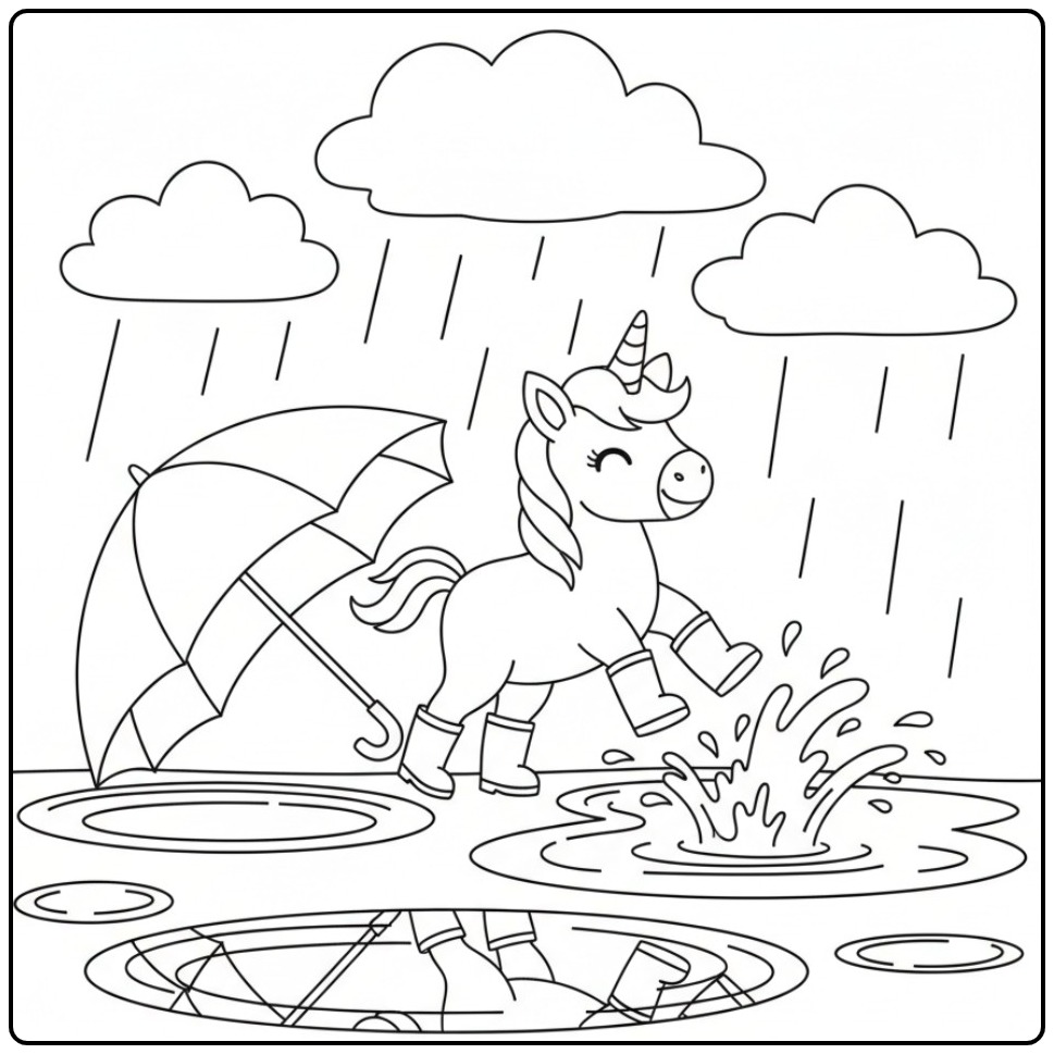 Desenho de unicornio bebe para colorir na chuva com guarda-chuva.