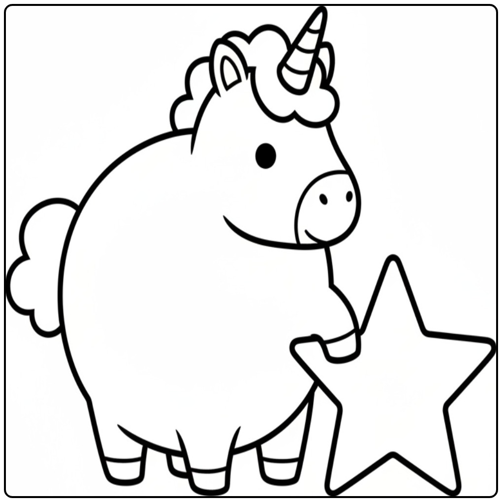 Desenho fofo de unicornio bebe para colorir com estrela brilhante.