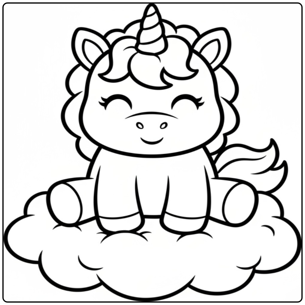 Desenho fofo unicornio bebe para colorir sentado numa nuvem