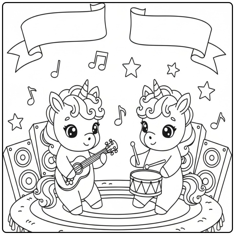 Desenho de unicornio bebe para colorir tocando guitarra fofo
