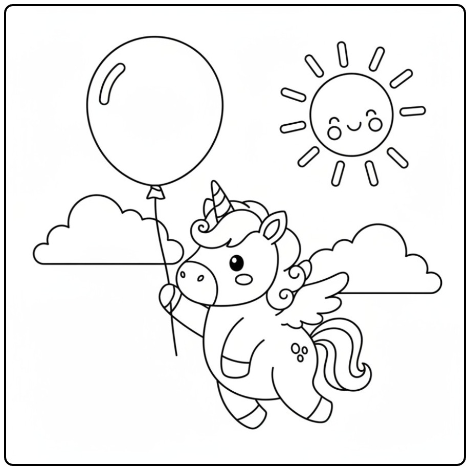 Desenho de unicornio bebe para colorir voando com balão no céu.