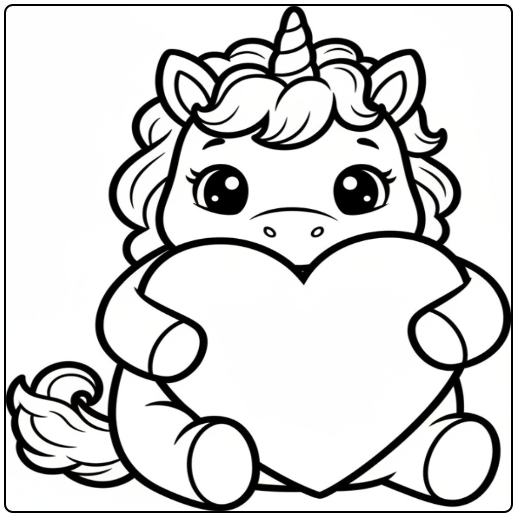 Desenho de unicornio bebe para colorir fofo segurando coração.