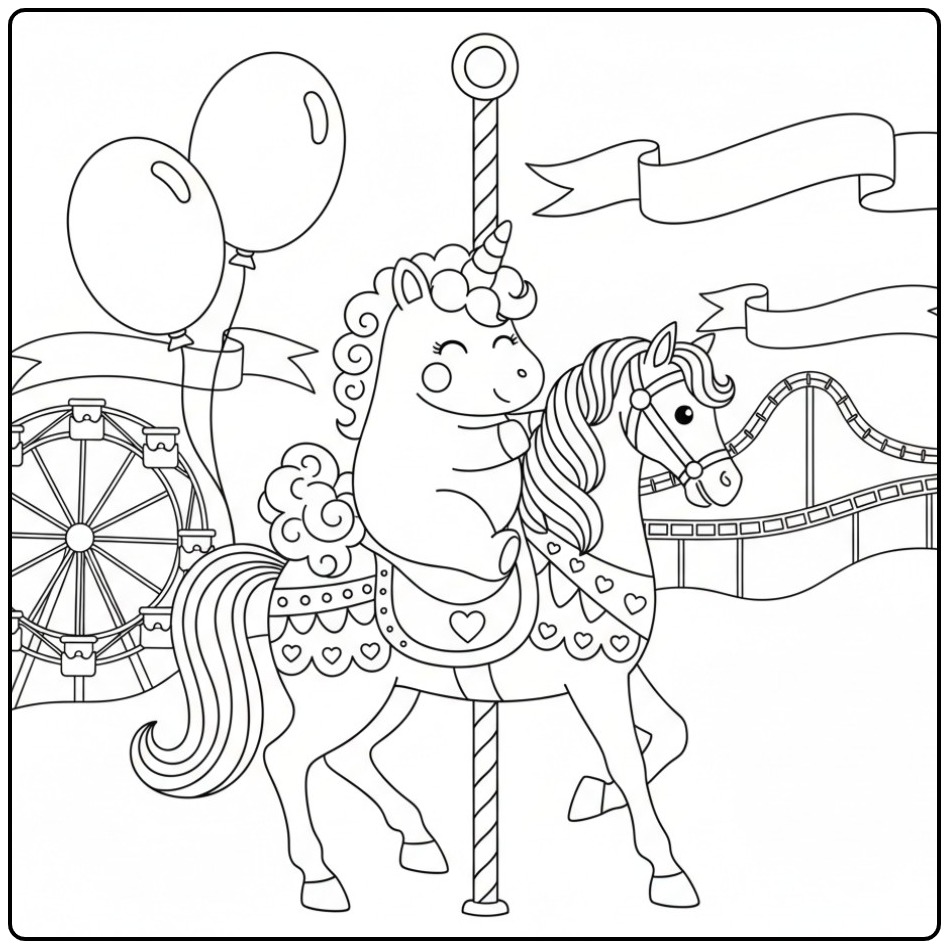 Desenho de unicornio bebe para colorir no carrossel mágico. Festa!