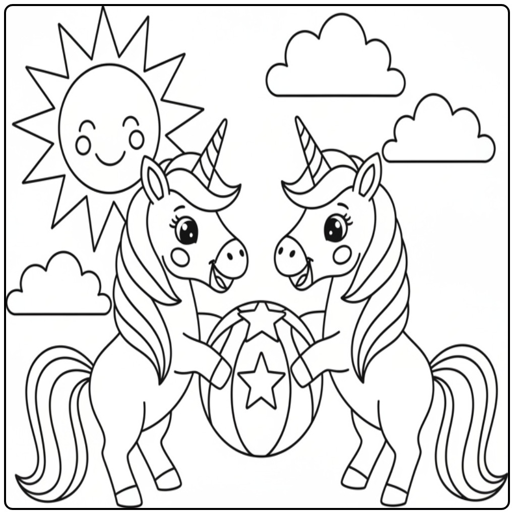 Desenho de unicornio para colorir com sol e nuvens felizes.