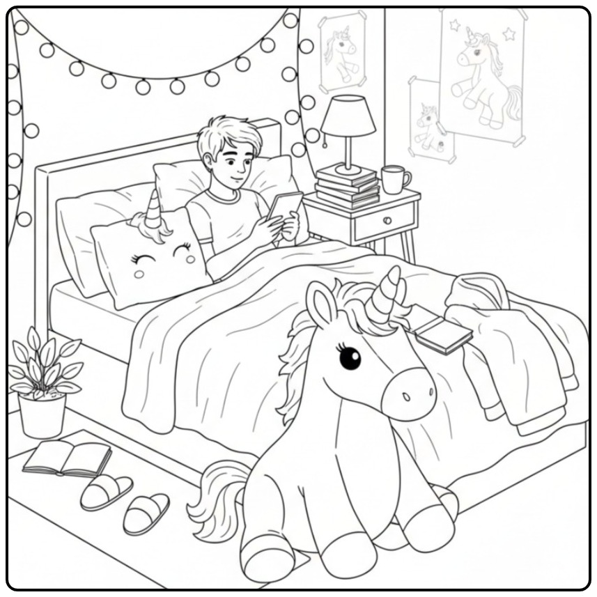 Desenho de unicornio para colorir com menino e quarto mágico.