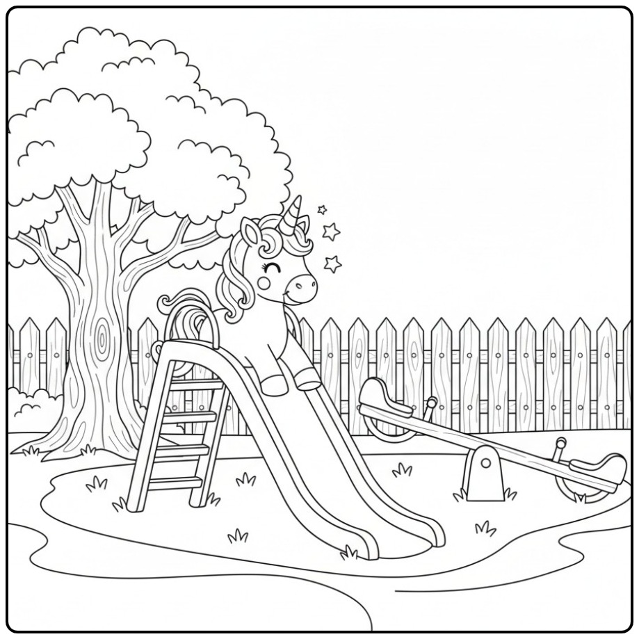 Desenho de um unicornio para colorir brincando no escorrega