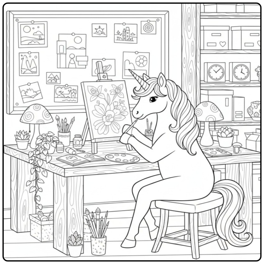 Página de unicornio para colorir artista no ateliê!