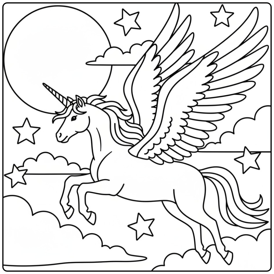 Desenho de um unicórnio com asas para colorir no céu noturno.