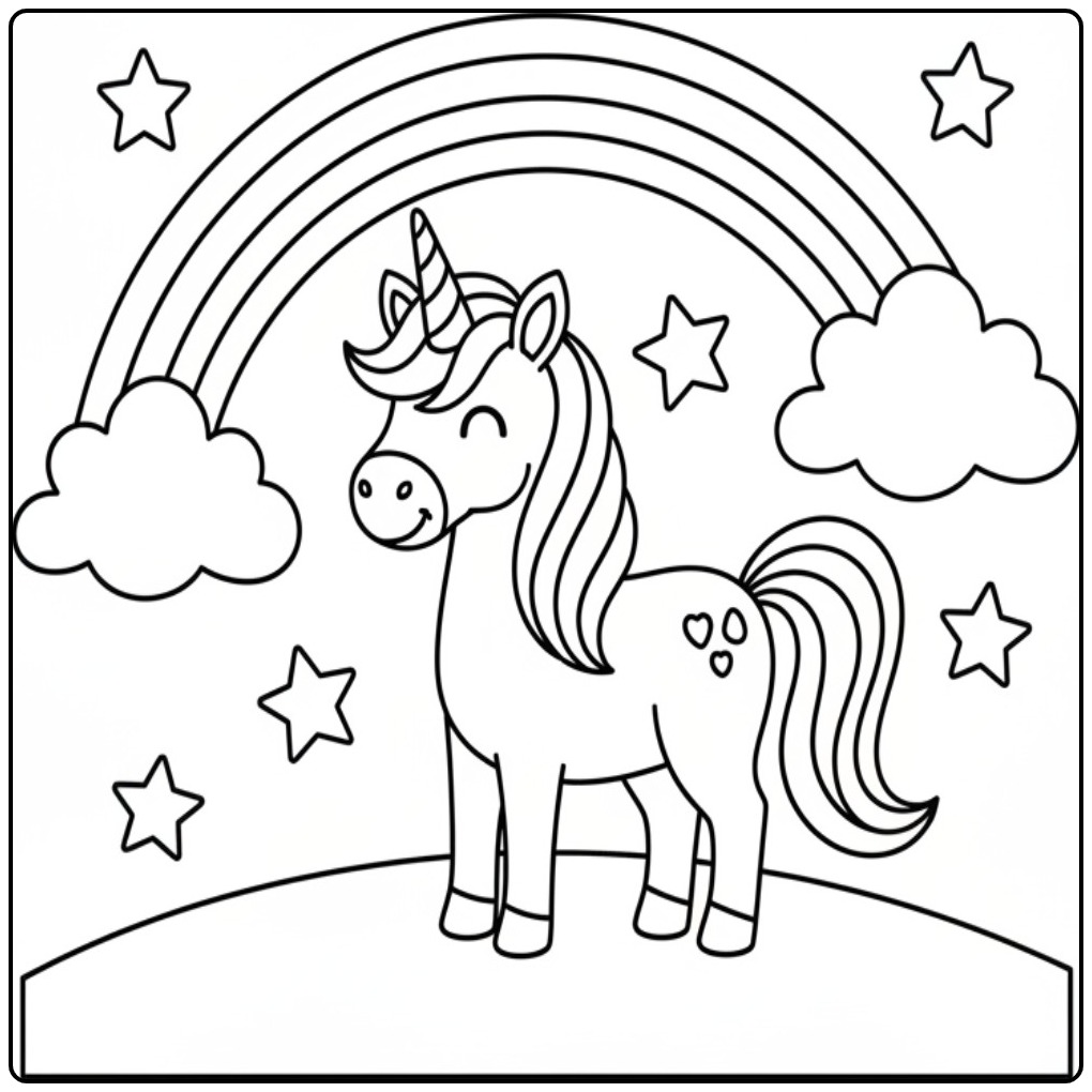 Desenho de unicórnio para colorir fácil e estrelas cintilantes
