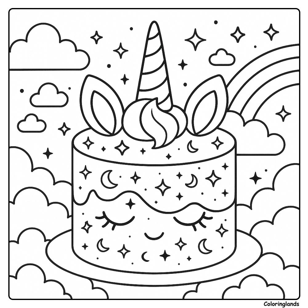 Desenho de bolo de unicórnio para colorir com nuvens e arco-íris.