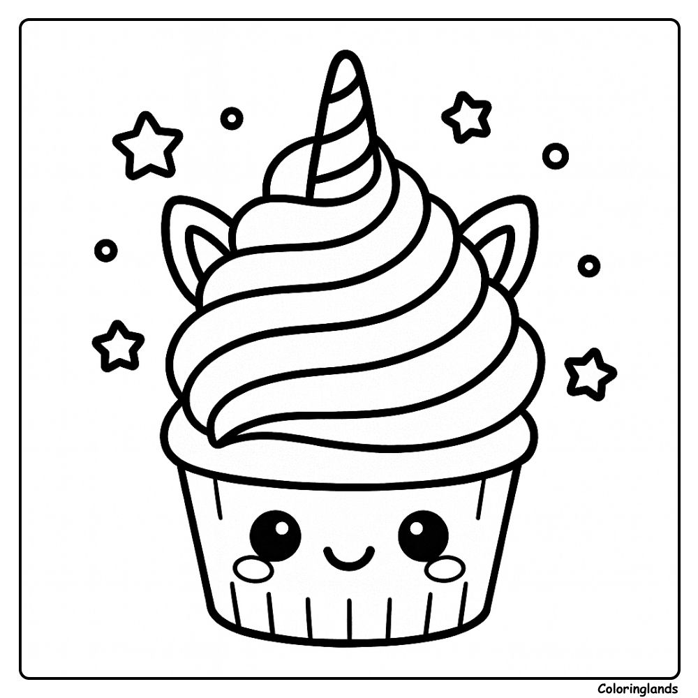 Desenho de unicorn cupcake para colorir, com estrelas e magia.