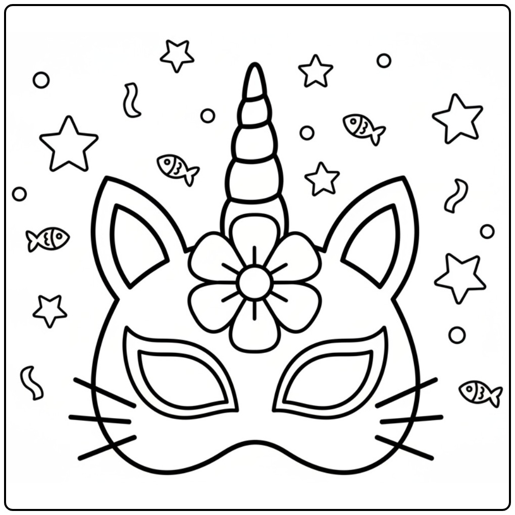 Desenho de mascara de unicornio para colorir com gato e flor.