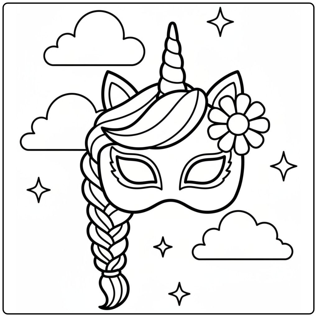 Desenho divertido: mascara de unicornio para colorir com crina trançada.