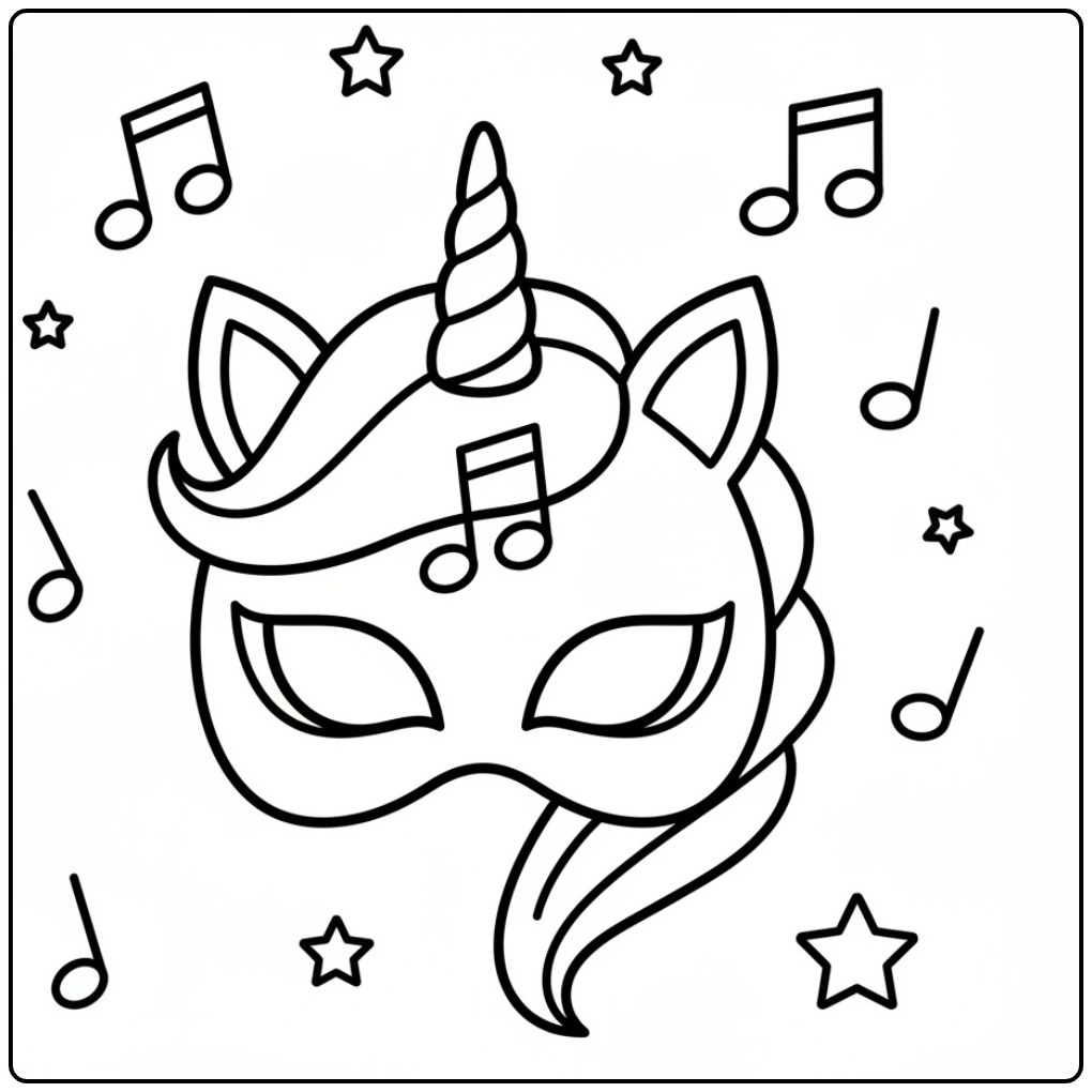 mascara de unicornio para colorir com notas musicais e estrelas.