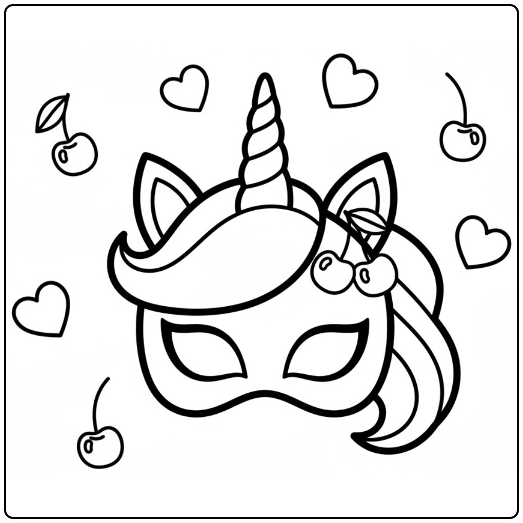 Mascara de unicornio para colorir com cerejas fofas e corações.