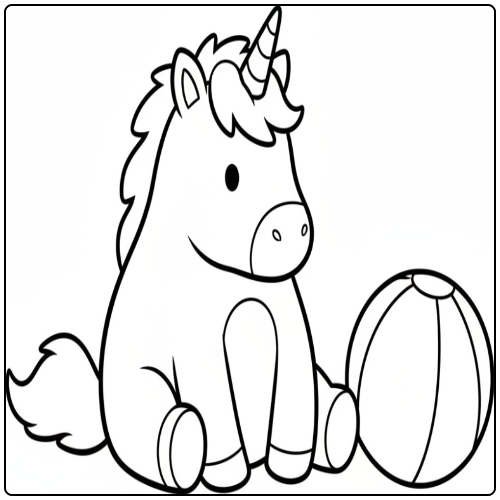 Desenho de unicornio bebe para colorir fofo com bola. Imprima!