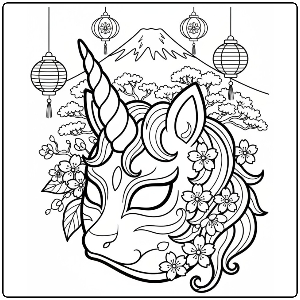 Mascara de unicornio para colorir, com cerejeiras e Monte Fuji.