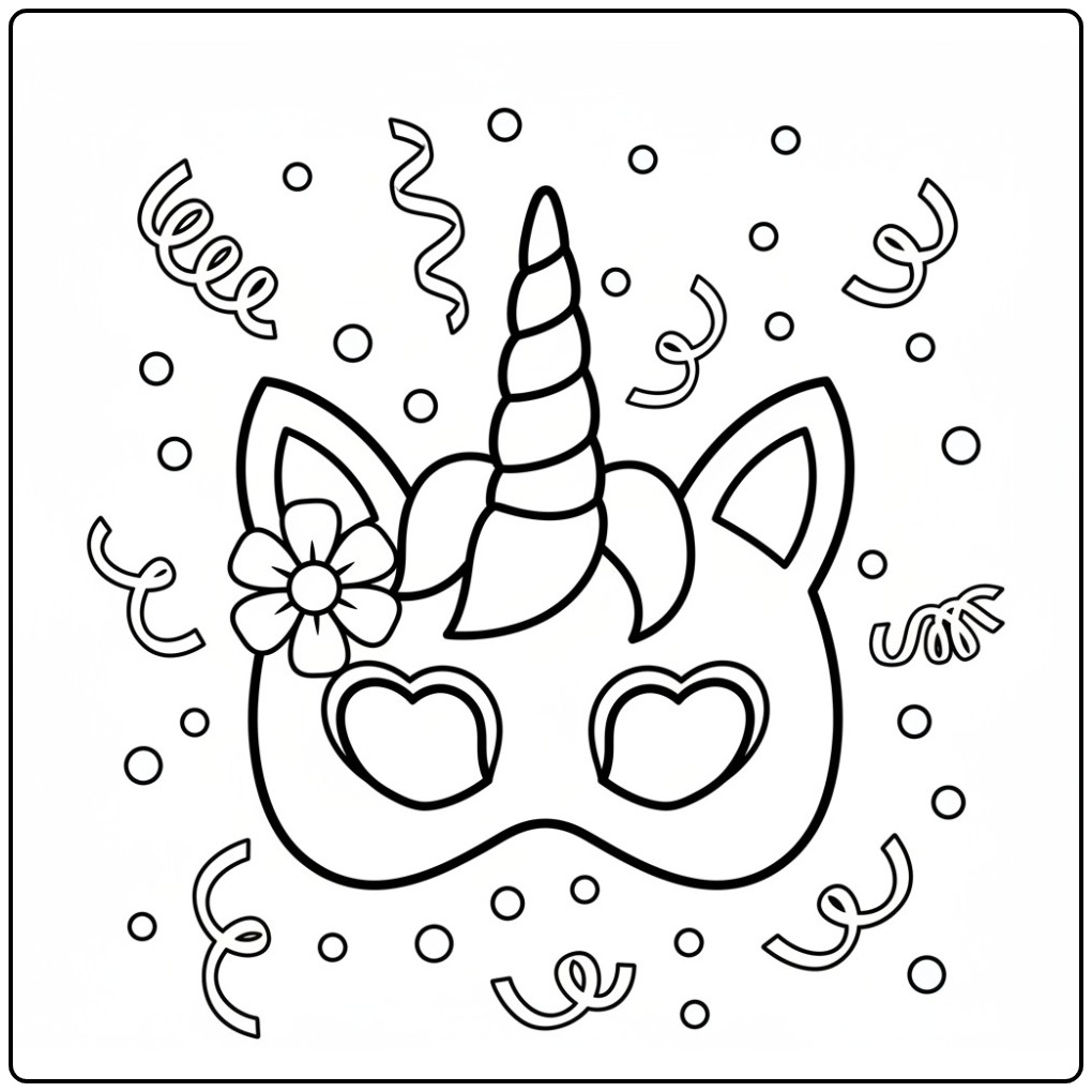 mascara de unicornio para colorir, com chifre e corações fofos.