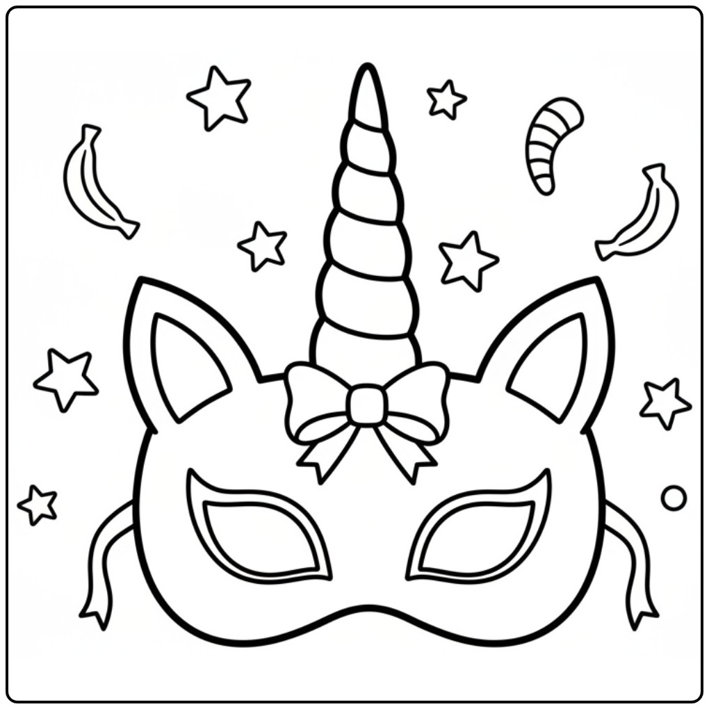 Desenho infantil de mascara de unicornio para colorir, pronta para a festa.