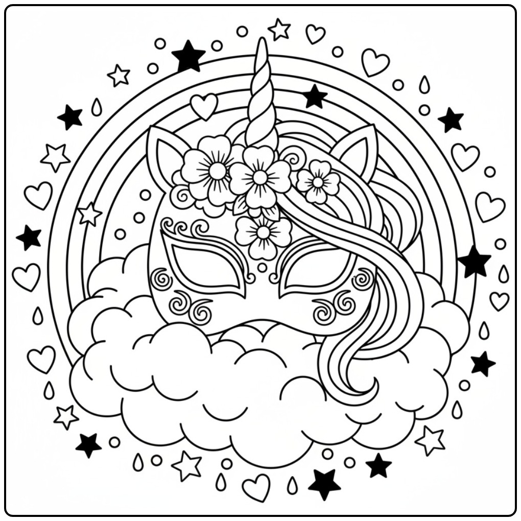Desenho de mascara de unicornio para colorir, com flores e arco-iris.