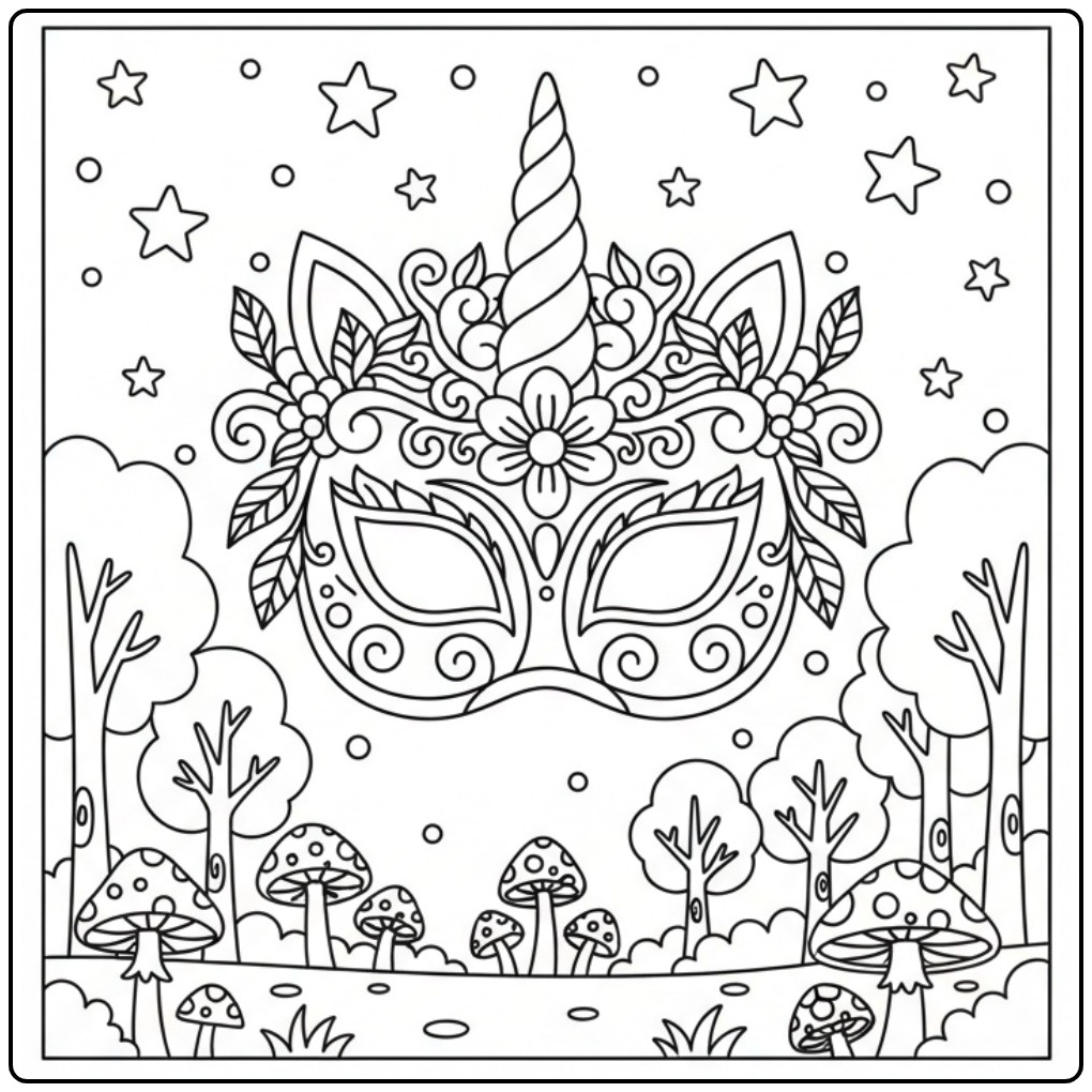 Desenho de mascara de unicornio para colorir com detalhes florais.
