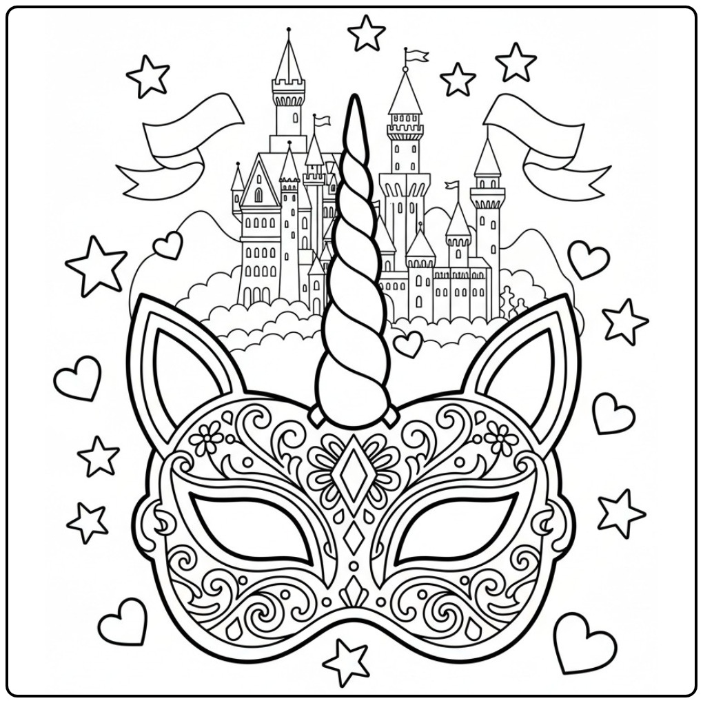 Desenho de mascara de unicornio para colorir, castelo e estrelas.