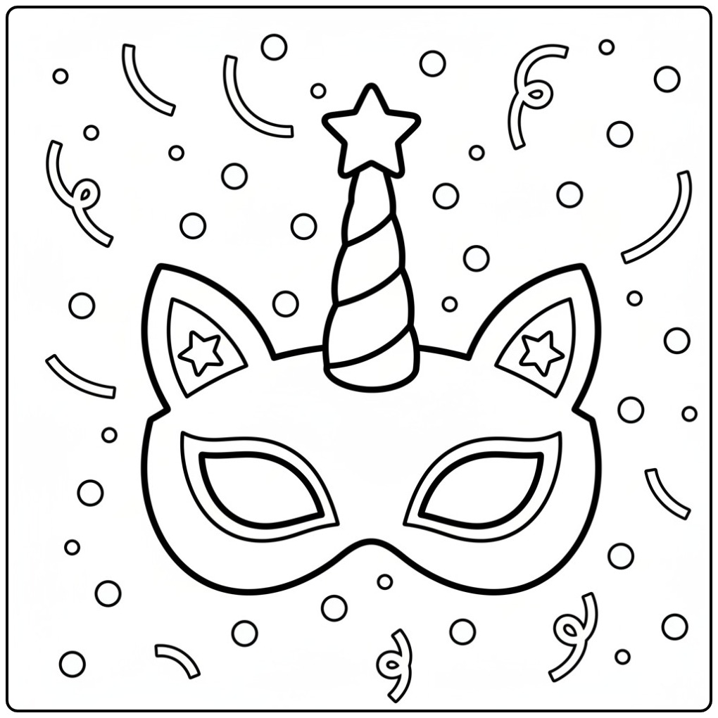 Desenho de mascara de unicornio para colorir com confetes e estrela.