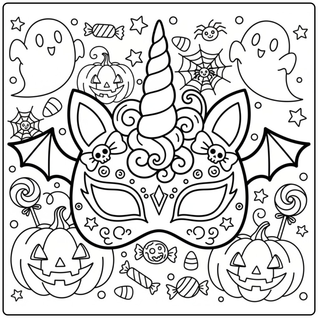 Mascara de unicornio para colorir no Halloween com fantasmas.