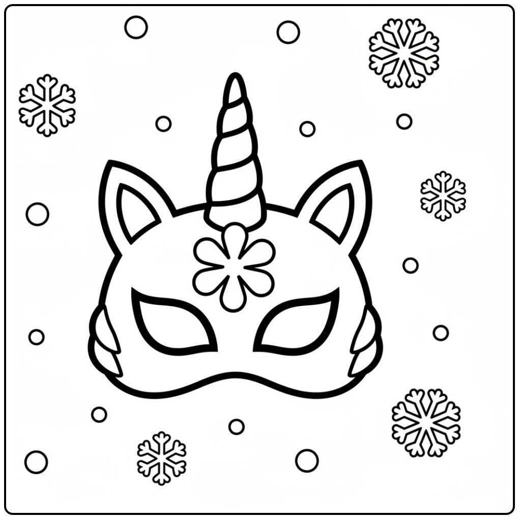 Desenho de mascara de unicornio para colorir com flocos de neve.