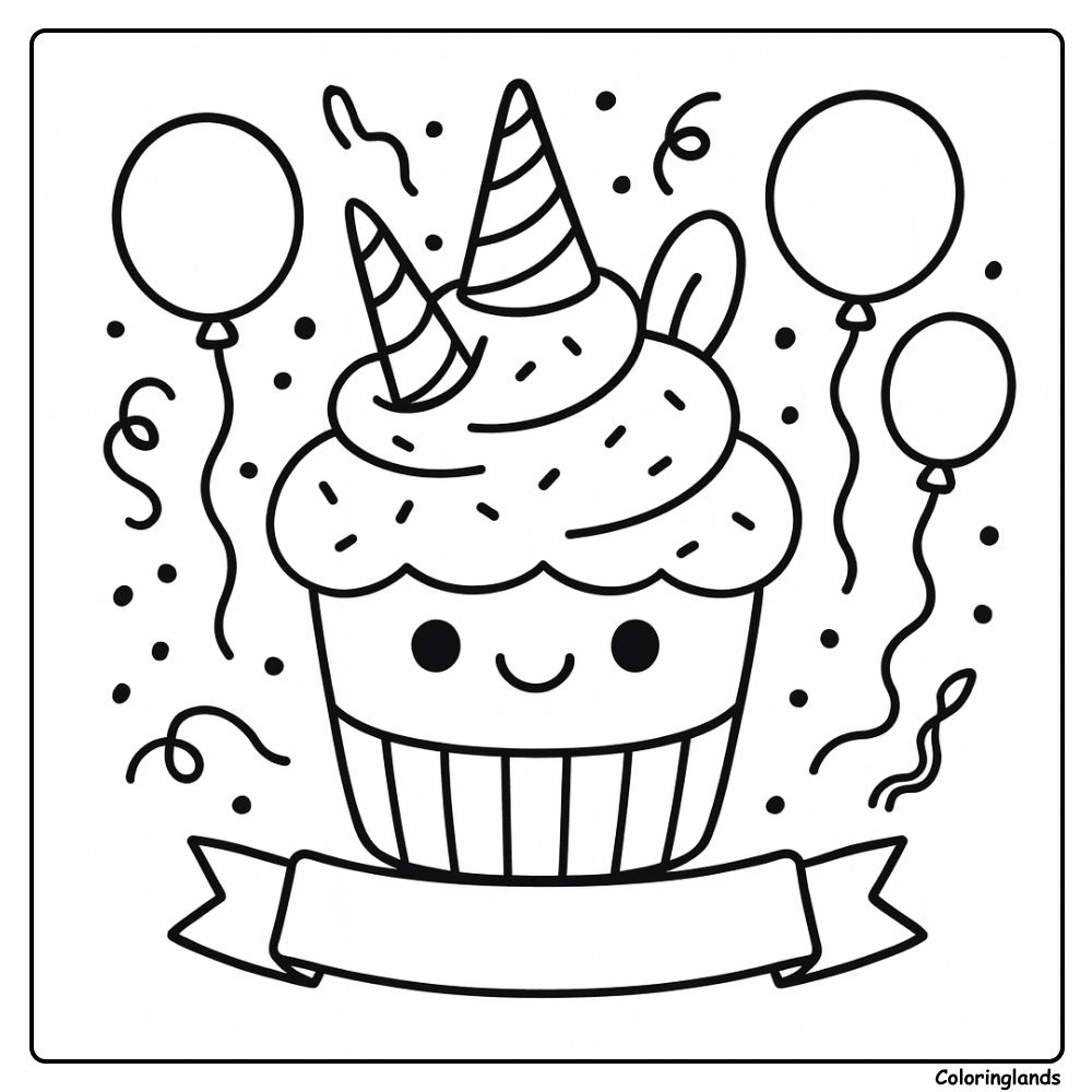 Desenho fofo de unicorn cupcake para colorir, balões e confetes.