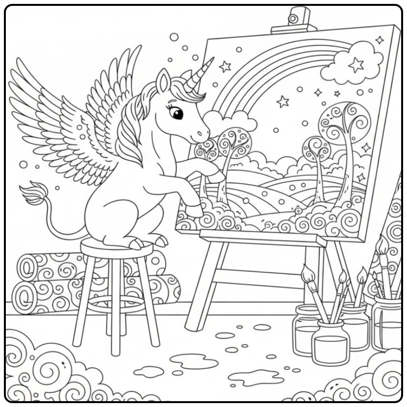 Um lindo unicornio para colorir pintando um arco iris feliz!