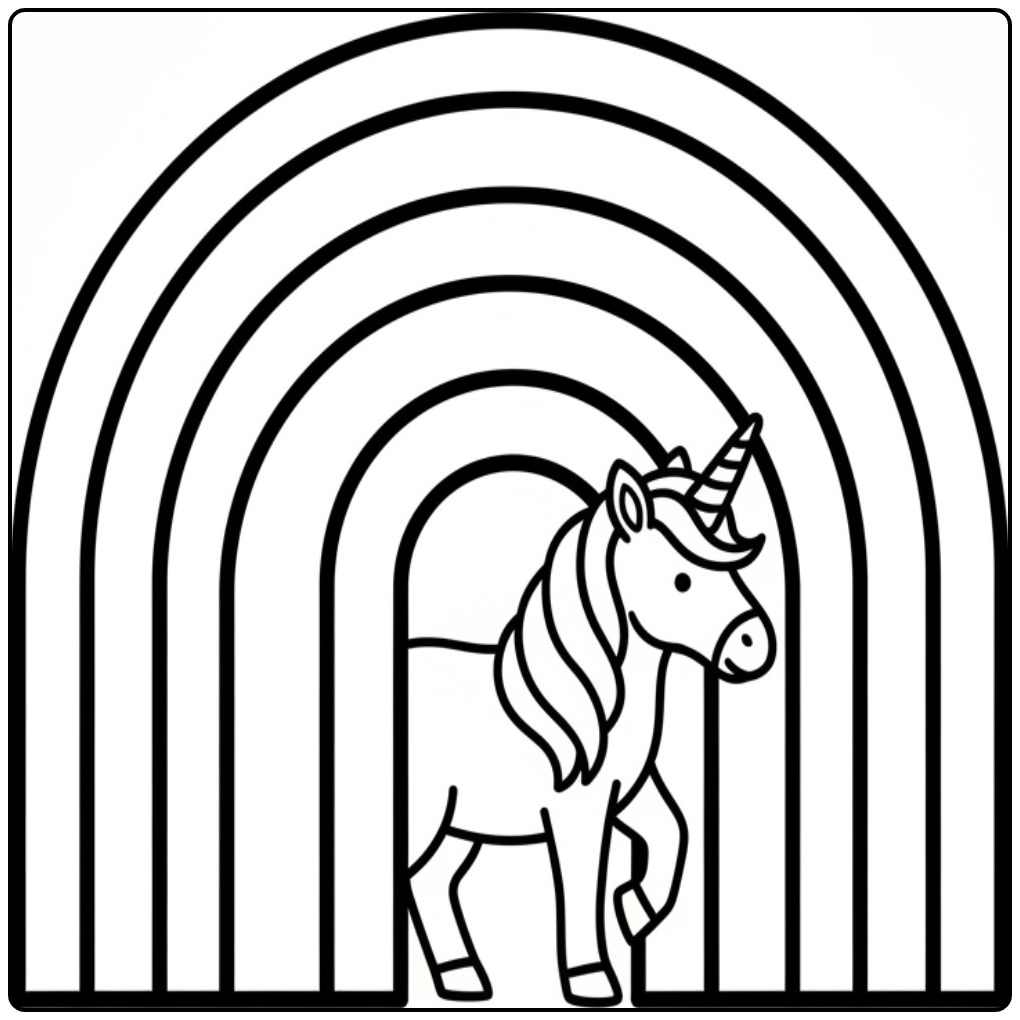 Desenho de unicornio para colorir sob o arcoiris magico.