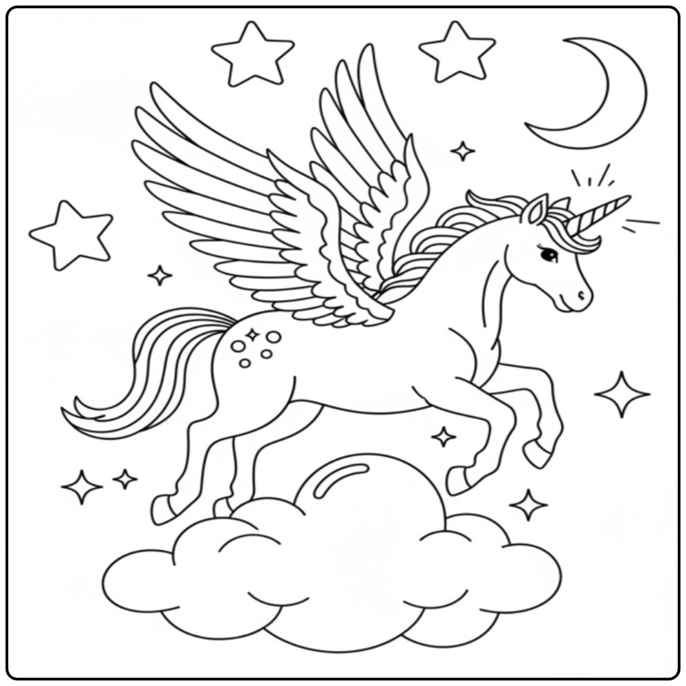 Desenho magico de unicornio para colorir no ceu estrelado!