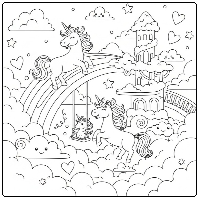 Desenho de um unicornio para colorir em um mundo de fantasia.