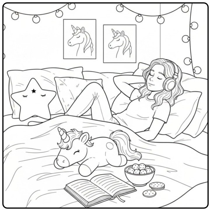Menina e unicornio bebe para colorir relaxando com livro e biscoitos.