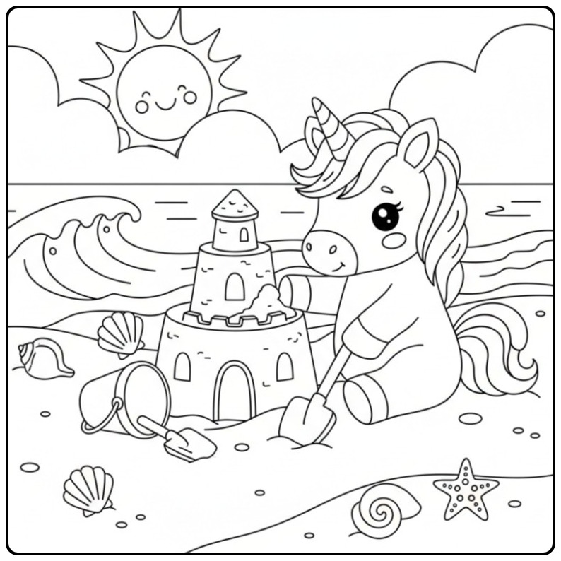 Desenho de um unicornio bebe para colorir na praia, tão fofo!