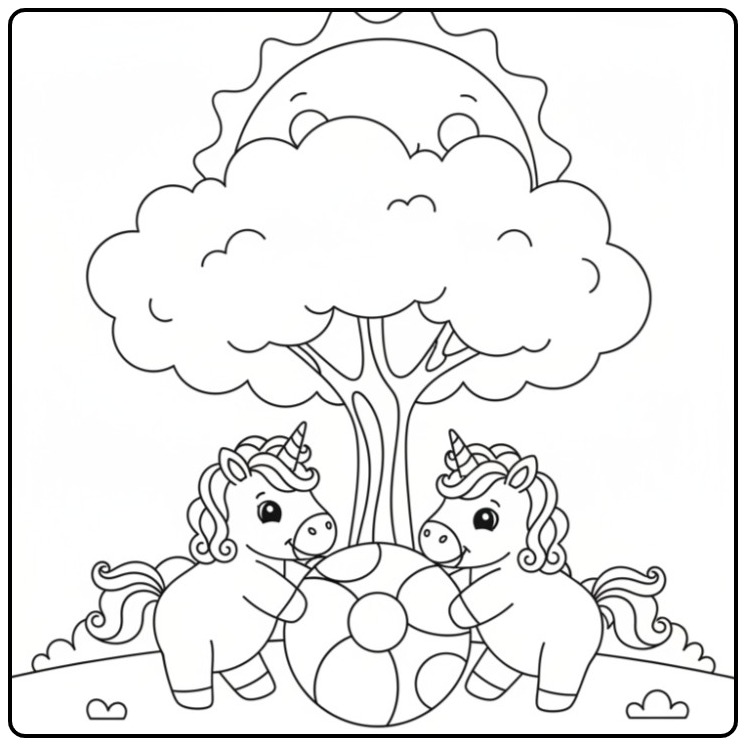 Desenho de unicornio bebe para colorir com sol e bola fofos.
