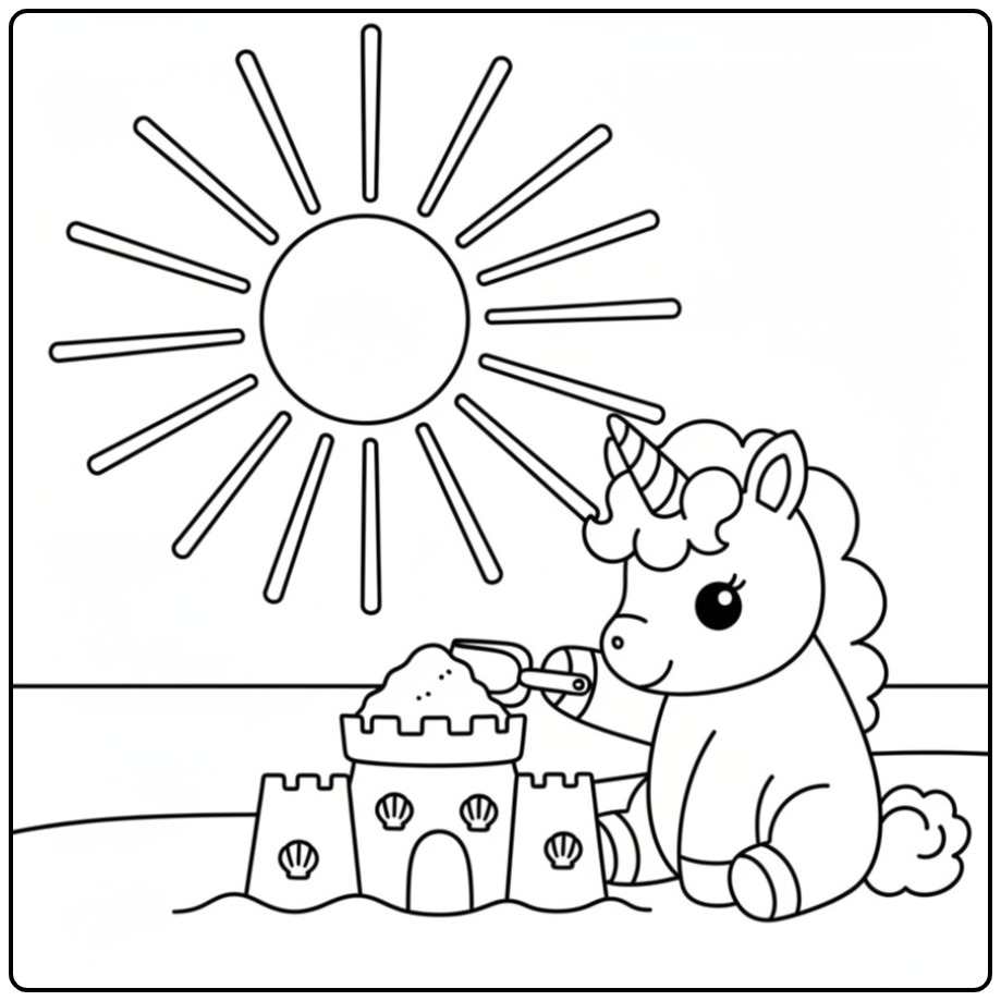 Desenho de unicornio bebe para colorir na praia com castelo.