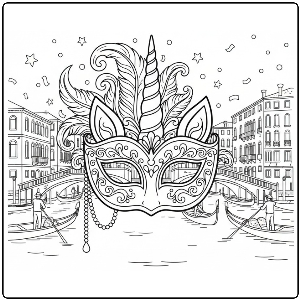 Desenho da mascara de unicornio para colorir em cenário veneziano.